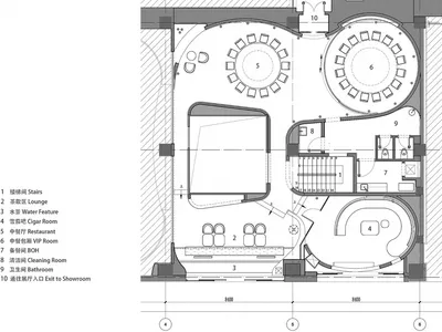 建築設計的餐廳室內平面圖，採用混凝土、玻璃與金屬材質。