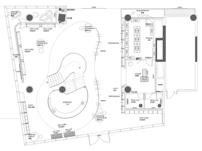 一張黑白細緻的建築平面圖，呈現高爾夫俱樂部展示間的各項功能區域。