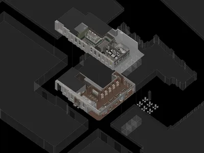 Isometric view of an industrial restaurant interior with wooden flooring and industrial aesthetic