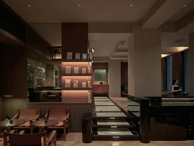 A modern restaurant with a marble interior
