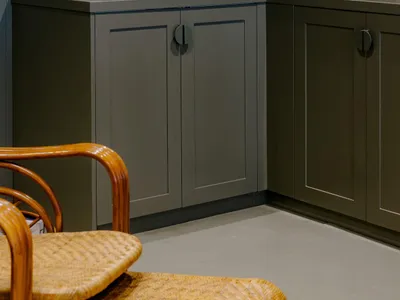 Modern kitchen featuring metallic-textured cabinets and a sink with olive green walls