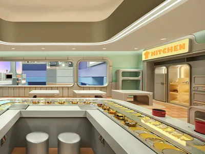 A modern restaurant kitchen with a conveyor belt counter displaying a variety of dishes, white stools, and a sign reading 'Ki