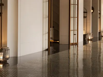 Concrete flooring in a hotel corridor
