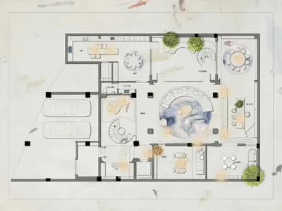 Floor plan of an architectural design for a hospitality space