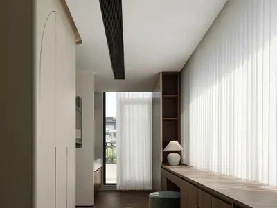 Modern home office with a wooden floor and large windows with vertical blinds.