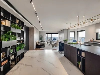 Modern living room and kitchen interior view featuring contemporary design elements.