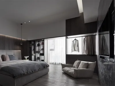 Modern bedroom featuring grey decor and a wooden floor.