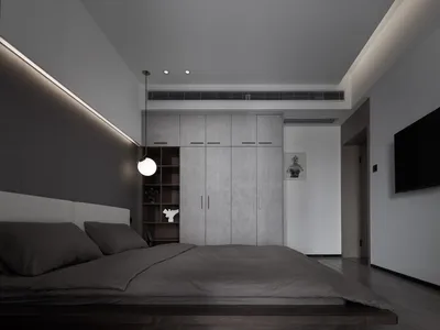 現代簡約臥室，採用混凝土與木質材料打造。