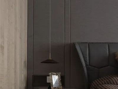 A minimalist bedroom with a wooden floor, a bed, a nightstand, and a pendant light hanging from the ceiling.