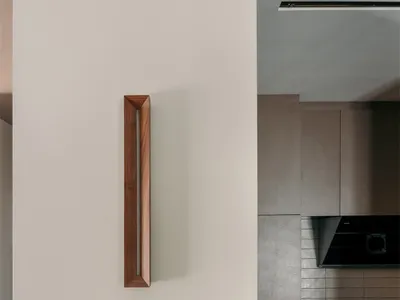 現代廚房室內空間，門或櫃體上設有木質把手。