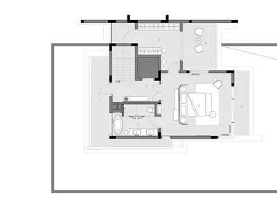 Modern minimalist bedroom floor plan with bedroom, bathroom, and storage areas.