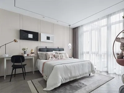 A modern minimalist bedroom featuring a large bed with white bedding and a black headboard, surrounded by white walls and lar