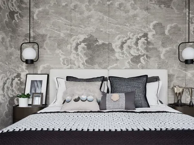 A minimalist bedroom with a bed adorned with plush pillows and decorative accents, set against a dramatic, textured wallpaper