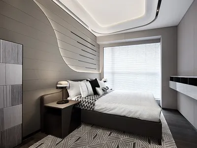 A modern bedroom featuring a bed with white and black bedding, a fabric headboard, a wood floor, and glass window blinds.