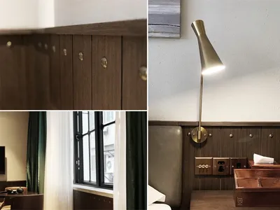 Bedroom interior with wooden and metallic accents