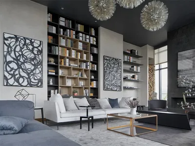Modern minimalist living room with concrete walls, wooden shelves, and metal furniture.