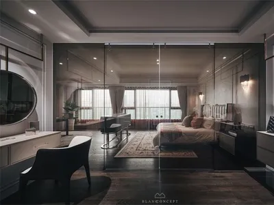 A modern bathroom featuring glass tiles on the walls and floor.