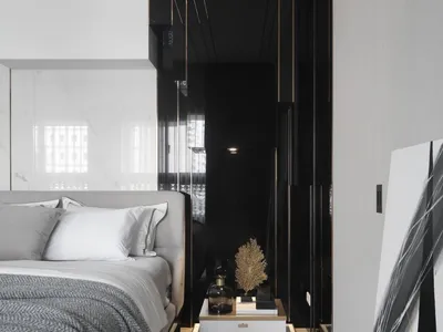 Minimalist bedroom with wood floor, glass walls, and metallic furniture.