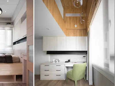 A modern minimalist bedroom with wooden elements and a white bed.