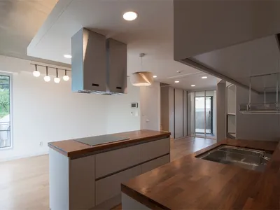 Modern kitchen featuring wood countertops and concrete island.