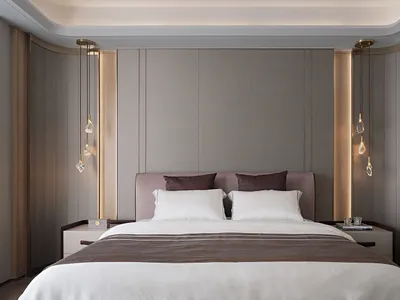 Minimalist bedroom with fabric bedding, wooden headboard, metallic accents, and glass sconces.