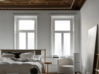 Modern minimalist bedroom with a luxurious marble floor, wooden accents, and a soothing color palette focused on white and so