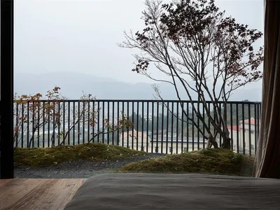 臥室窗外可見樹木與山景