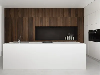 Modern kitchen with white marble countertop and wood wall