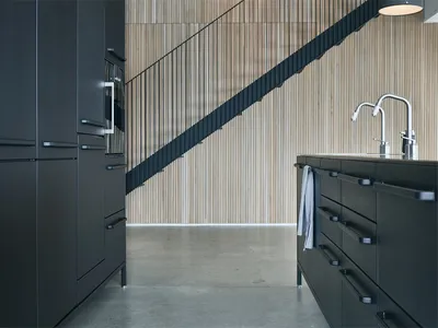 Modern, minimalist kitchen with black cabinets and a wooden backsplash.