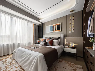 Contemporary bedroom featuring neutral fabric bedding, wooden headboard, and acrylic wall lighting.