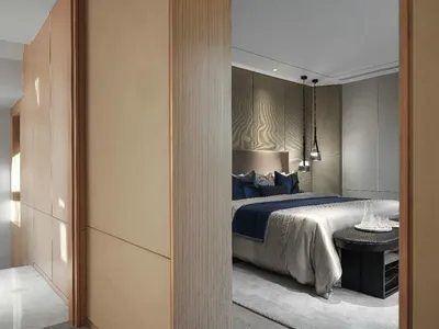 Modern minimalist bedroom featuring wood, fabric, and glass elements