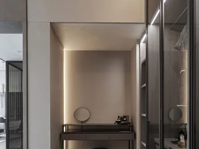 Modern, minimalist home office with wood accents and glass wall.