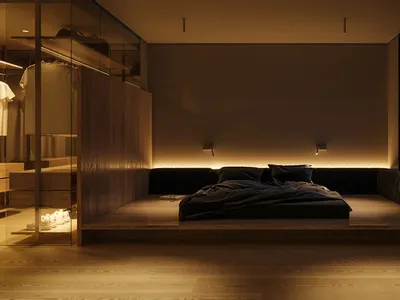 A minimalist bedroom with a floating platform bed, wood flooring, and ambient lighting.