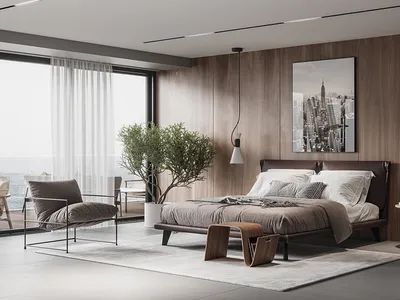 Modern bedroom featuring a brown leather bed, wooden flooring, and concrete accents.