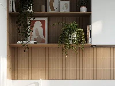 A modern kitchen featuring wooden tiles and minimalist design elements.