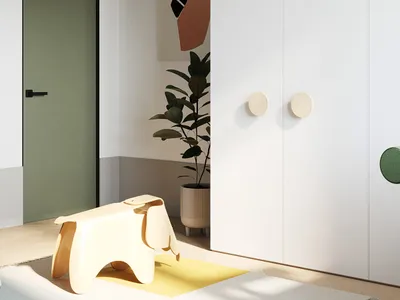 Minimalist bedroom with white furniture, modern design elements, and a white pendant lamp.