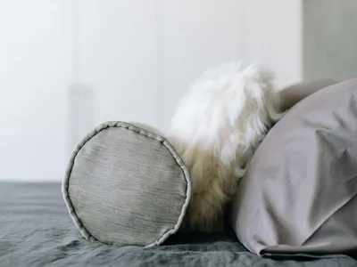 A minimalist bedroom with grey pillows and a plush white furry blanket on a bed with dark grey bedding.