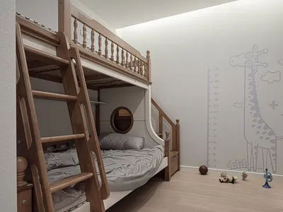 A cozy bedroom featuring a bunk bed with wooden railing and stairs, a growth chart on the wall, and various toys on the floor