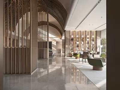 Modern hotel lobby featuring wood, glass, and marble materials.