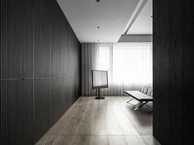 Modern minimalist bedroom with dark wooden walls, white curtains, and a sleek, contemporary bench and TV.