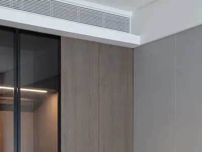 Modern minimalist bedroom featuring wood and glass materials.