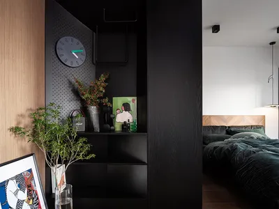 A modern bedroom featuring a dark-colored shelf with a clock, plants, and decor, leading to a bed with velvet bedding and a w