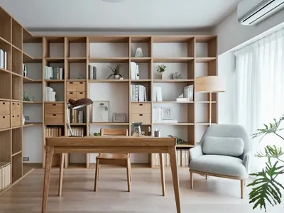 A modern home office featuring a wooden desk, bookshelves, and comfortable furniture.