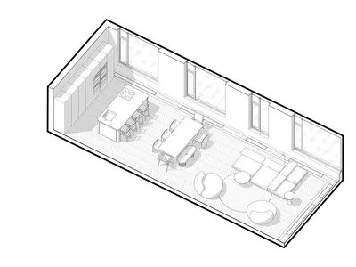 Minimalist modern living, dining, and kitchen space with wooden flooring and furniture.