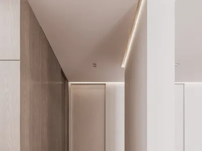 Minimalist bedroom featuring wooden floors, concrete walls, and a sleek design.