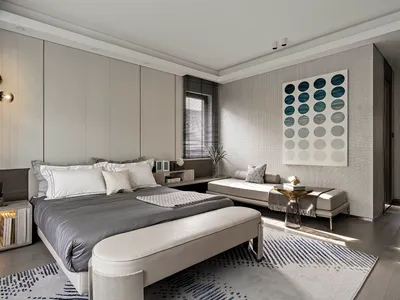 A modern bedroom featuring a concrete bed frame, leather headboard, and metal accents.