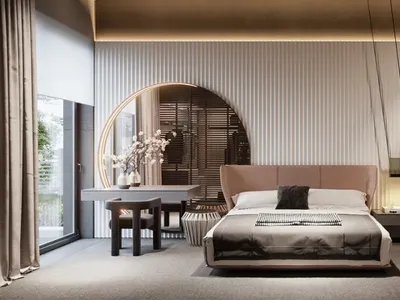 A minimalist bedroom featuring a bed with a wooden headboard and a fabric-covered mattress, alongside a modern, sleek nightst