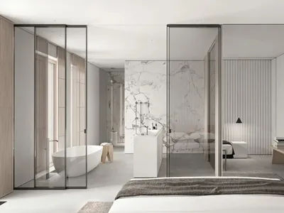 Modern bedroom with marble walls and floor