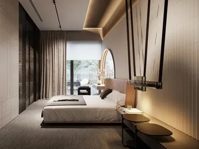 Modern bedroom with a minimalist design, featuring a bed with white bedding and a large window with curtains.