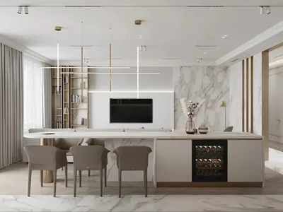 Modular minimalist-style living room with a white marble countertop and white walls.
